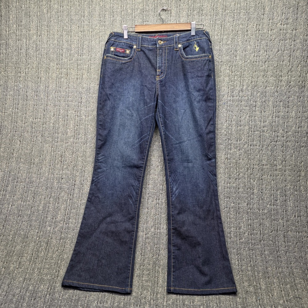 Vintage Baby Phat Jeans Size 11 Dark Wash‎ Stretch Gold Cat Sequin Bootcut Y2K